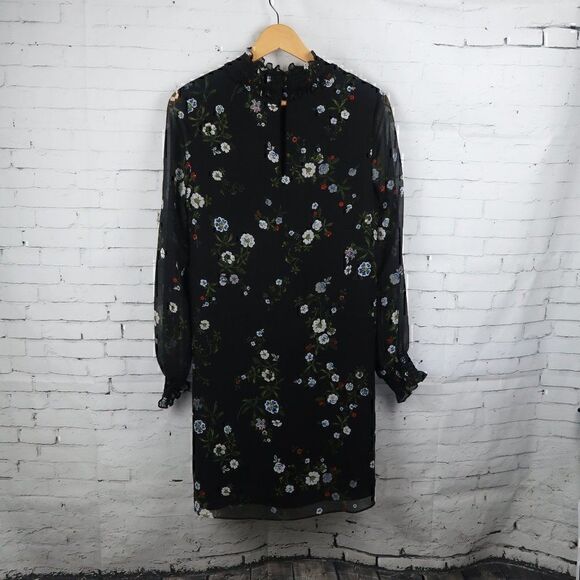 H&M BLACK FLORAL LONG SLEEVE MOCK NECK MIDI SHIFT DRESS SIZE 4 - Picture 9 of 9